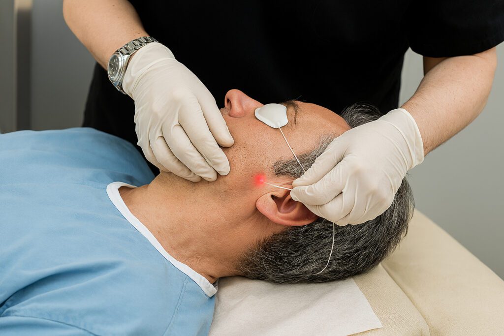 Primer plano de un procedimiento de Endolifting facial con láser en Clínica Lorents en Murcia, mostrando la aplicación precisa de la luz guía roja en la zona de la mandíbula y cuello para reafirmar la piel este verano.