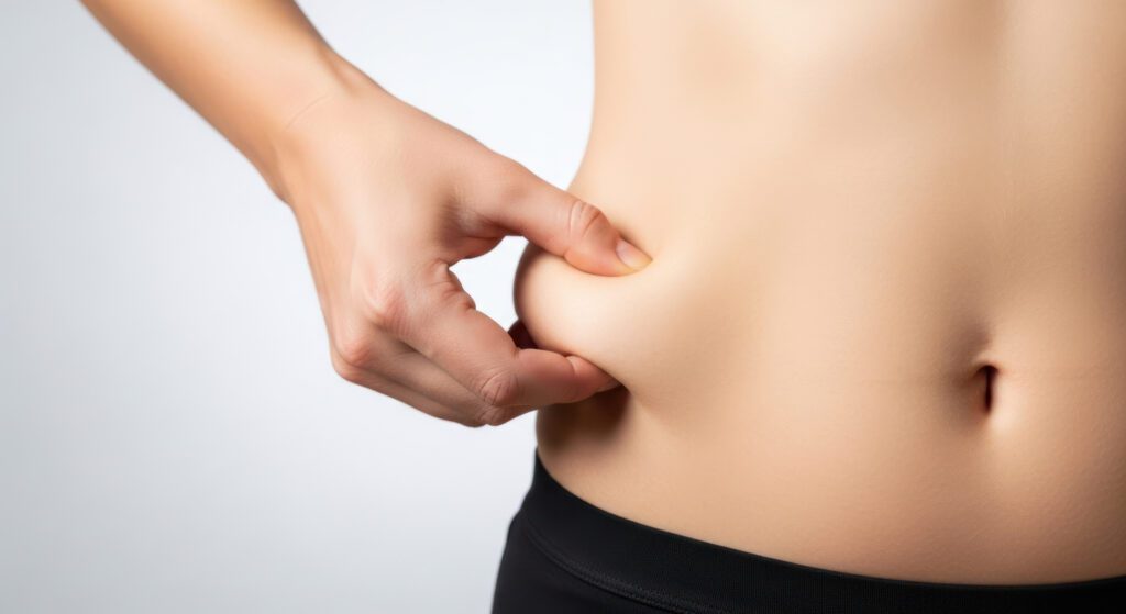 Primer plano de manos pellizcando grasa localizada rebelde en el abdomen, ilustrando el tipo de problemas que trata el endolifting corporal en Clínica Lorents Murcia.